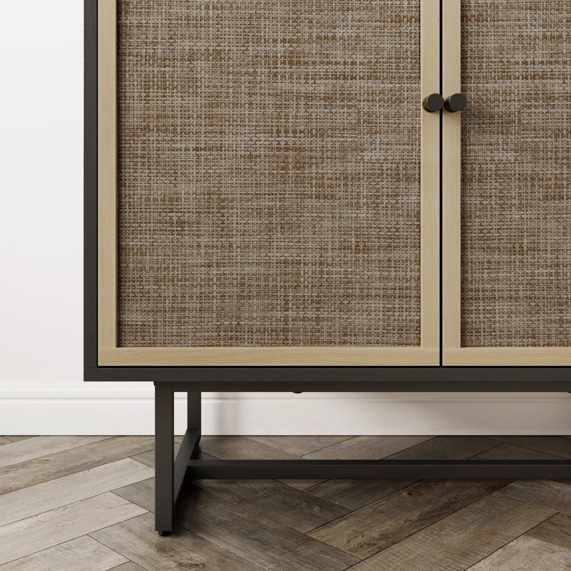 Kova Cane Rattan Doors Accent Cabinet with Black Metal Base and Adjustable Shelf - Open Season Industries