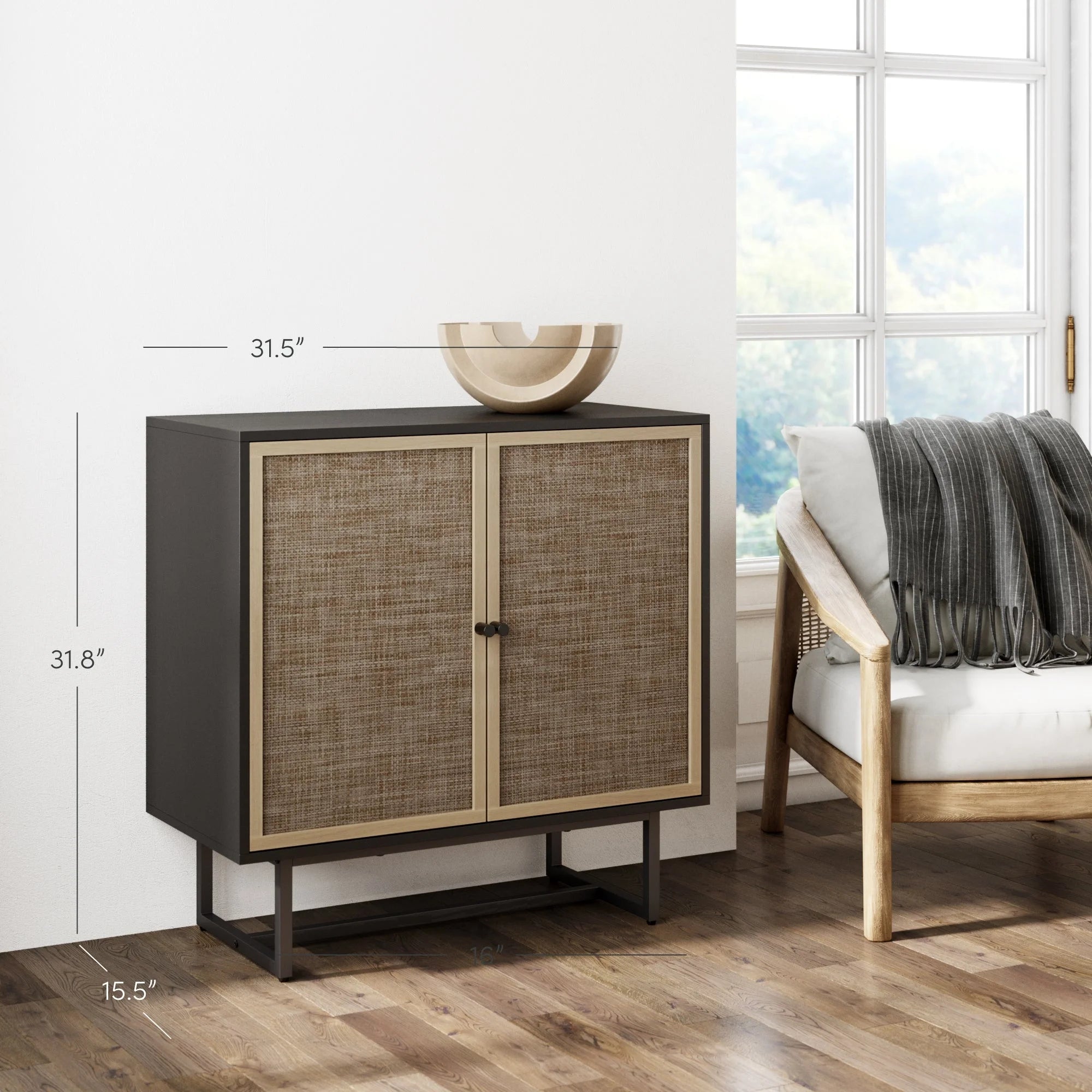 Kova Cane Rattan Doors Accent Cabinet with Black Metal Base and Adjustable Shelf - Open Season Industries