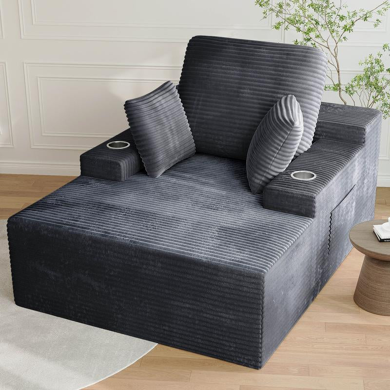 LIKIMIO 49" Oversized Chaise Lounge Sofa Bed with 2 Cup Holders & Storage Pocket - Plush Corduroy Upholstered, No Assembly Cloud Couch for Living Room, Bedroom, or Reading Nook - Open Season Industries