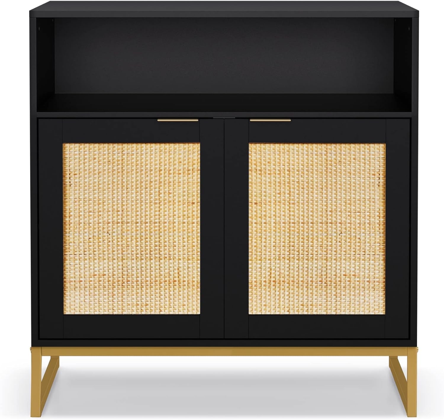 Rattan Cabinet, Storage Cabinet with Doors and Open Shelf Kitchen Sideboard Buffet Cabinet for Dining Room Living Room Hallway Black H0068 - Open Season Industries