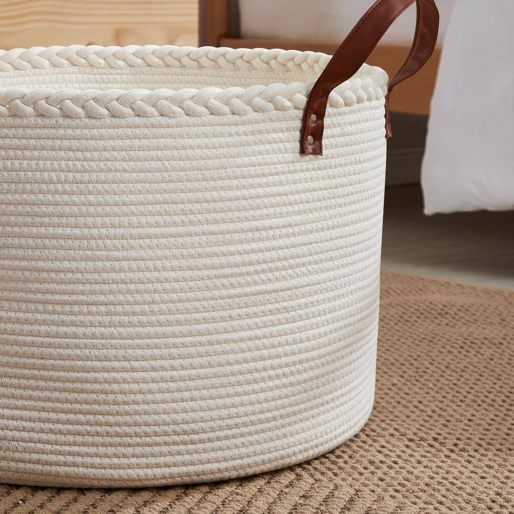 100% Cotton Fabric Rope round Storage Basket with Leather Handles 21 In. X 21 In. X 14 In. - Open Season Industries