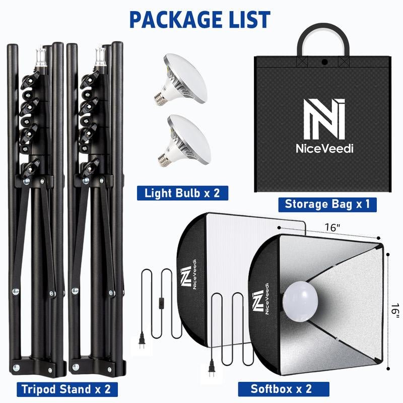 Softbox Lighting Kit, Niceveedi 2 - Pack 16'' X 16'' Softbox Photography Lighting Kit with 63” Tripod Stand & 5400K 450W Equivalent LED Bulb, Continuous Lighting for Photography/Video Record - Open Season Industries