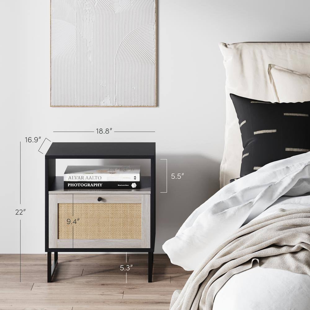 Mina Black Oak/Black Accent Table with Rattan Storage Door Living Room End Table or Bedroom Nightstand - Open Season Industries