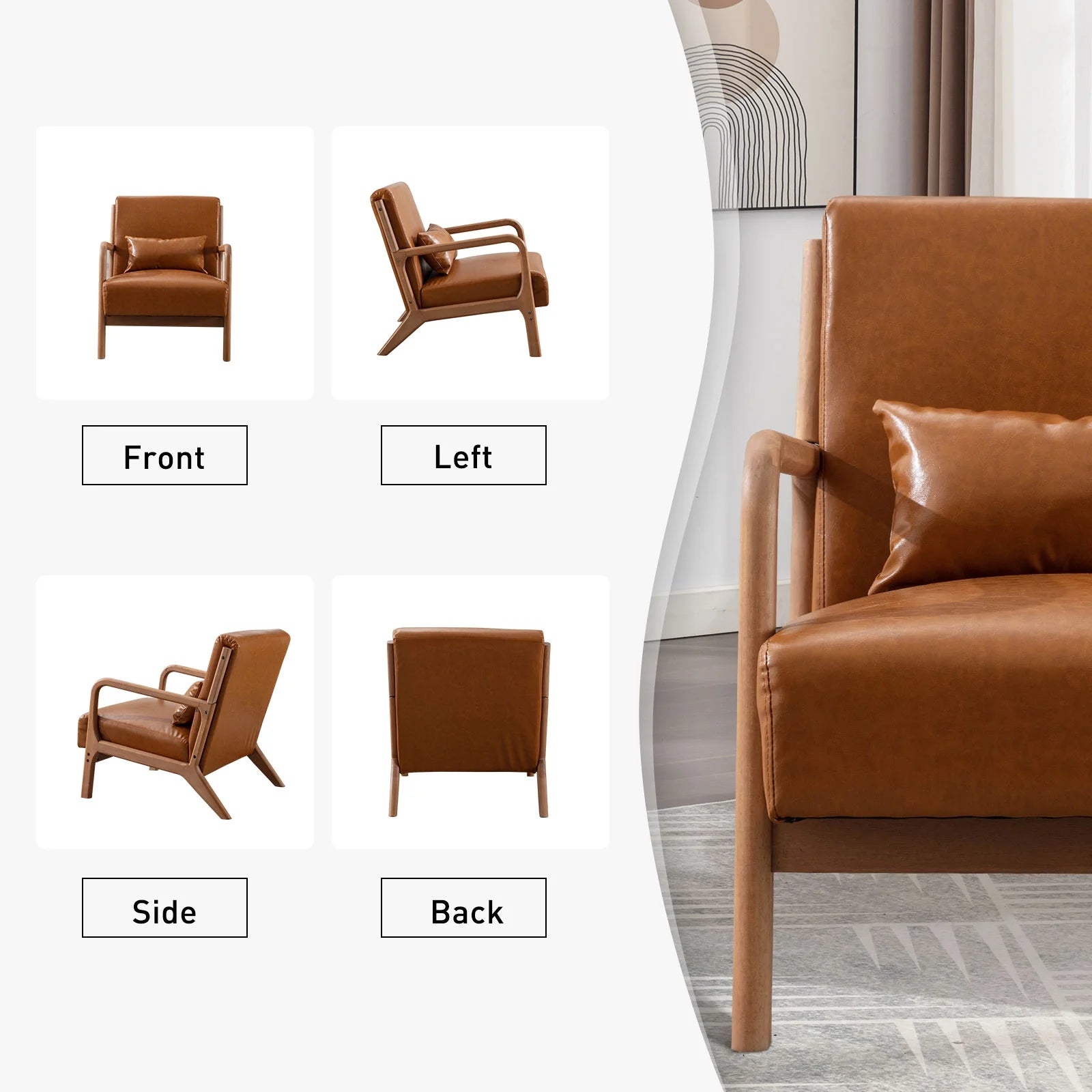 Accent Chair Mid Century Modern Arm Chair, PU Leather Reading Armchair for Bedroom Living Room Office, Camel - Open Season Industries