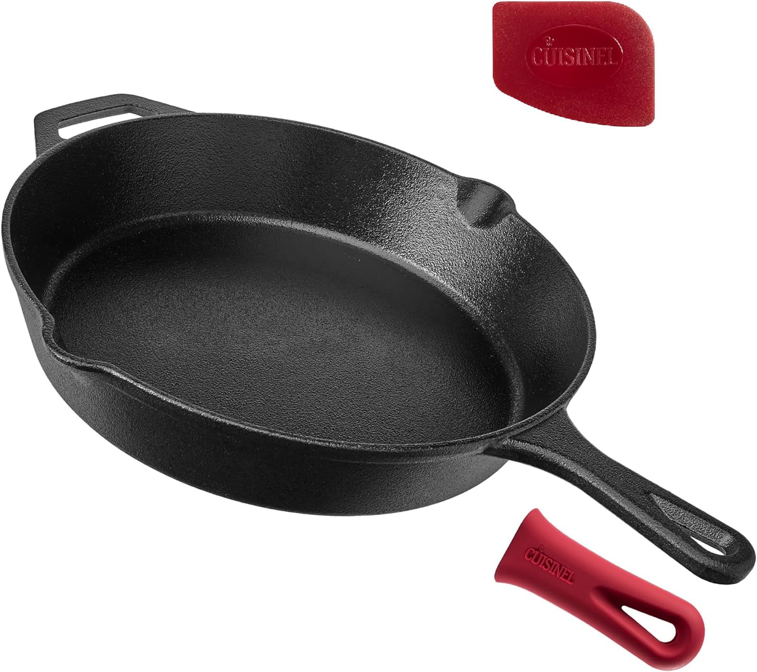 Cast Iron Skillet - 12" - Inch Frying Pan with Assist Handle + Red Silicone Grip Cover - Pre - Seasoned Oven Safe Cookware - Indoor/Outdoor Use - Grill, Stovetop, Induction, BBQ and Firepit Safe - Open Season Industries