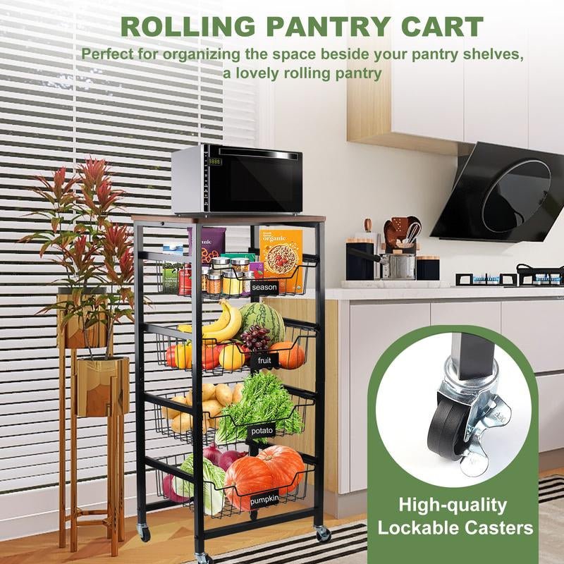 4 - Tier Rolling Kitchen Utility Cart with Wood Top & Mesh Baskets - Mobile Storage for Fruits, Vegetables, Pantry, Laundry & More - Open Season Industries
