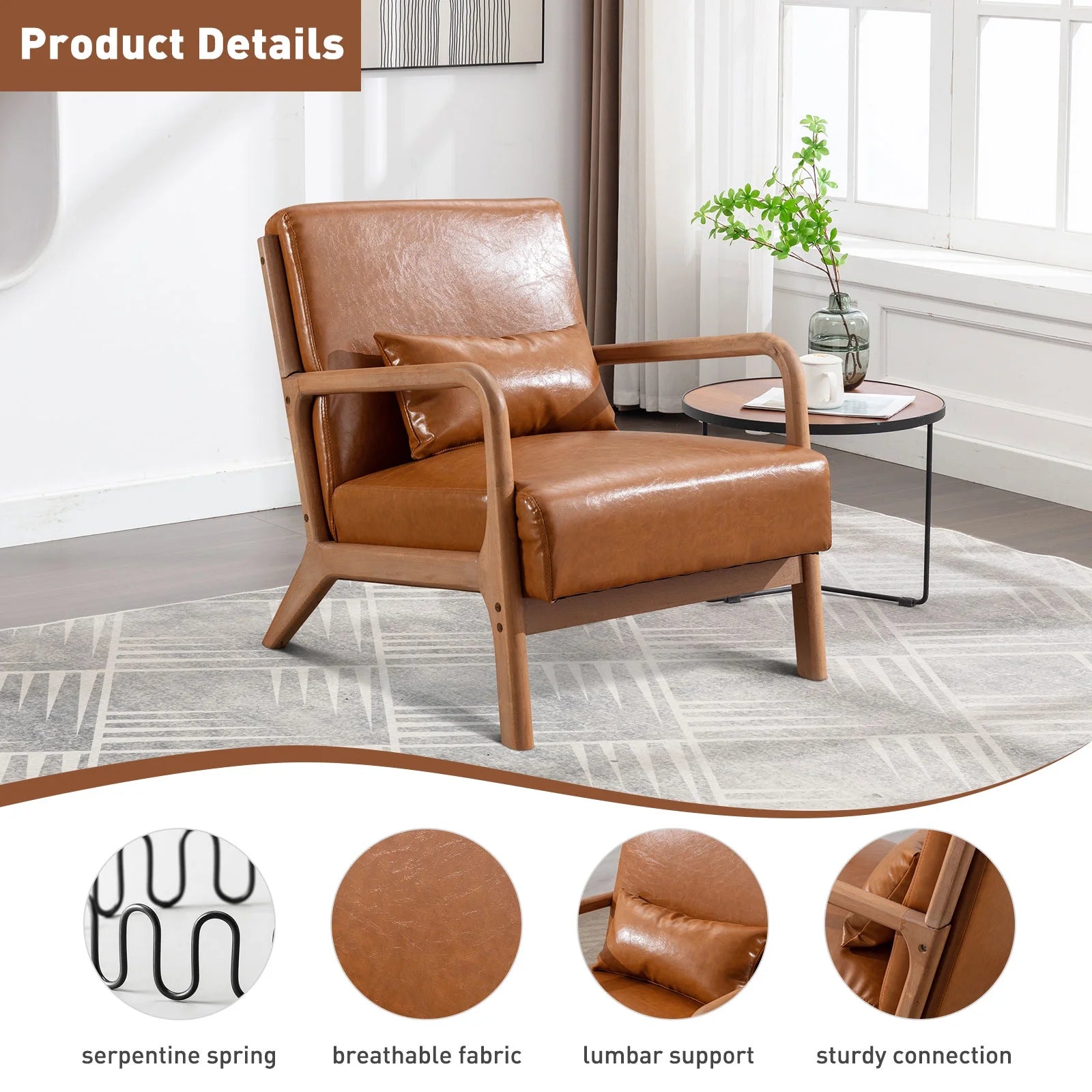 Accent Chair Mid Century Modern Arm Chair, PU Leather Reading Armchair for Bedroom Living Room Office, Camel - Open Season Industries