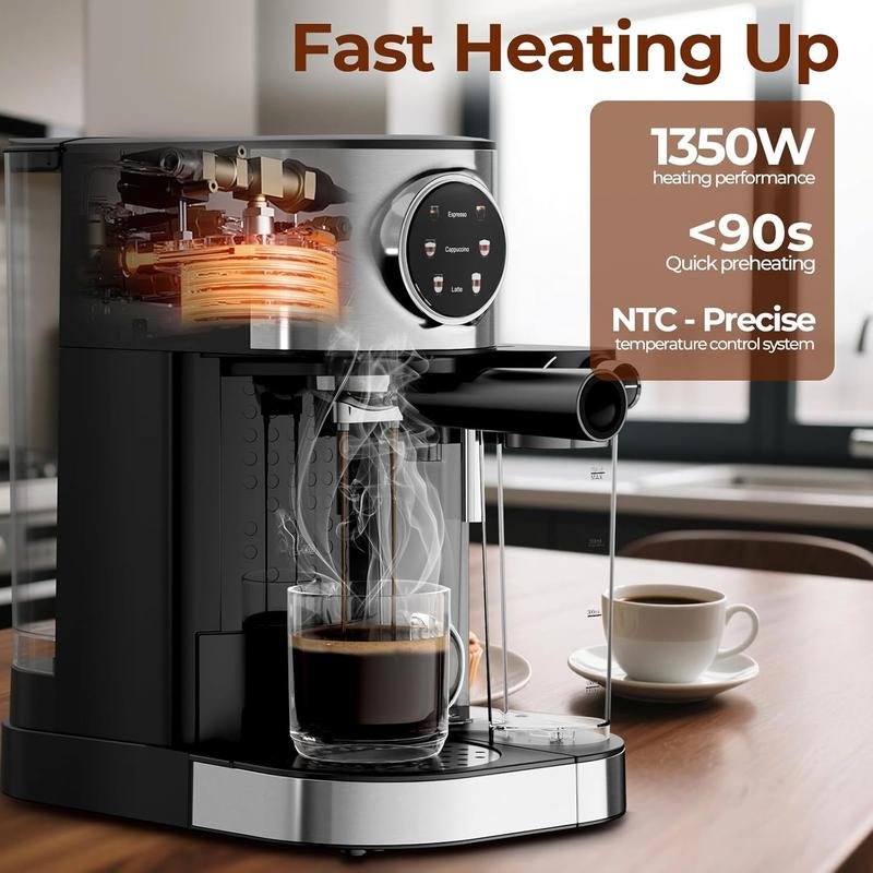 Kismile 20 Bar Compact Espresso Machine with Steam Milk Frother Stainless Steel Coffee Maker for Home Cappuccino Latte 57Oz Water Tank Black - Open Season Industries