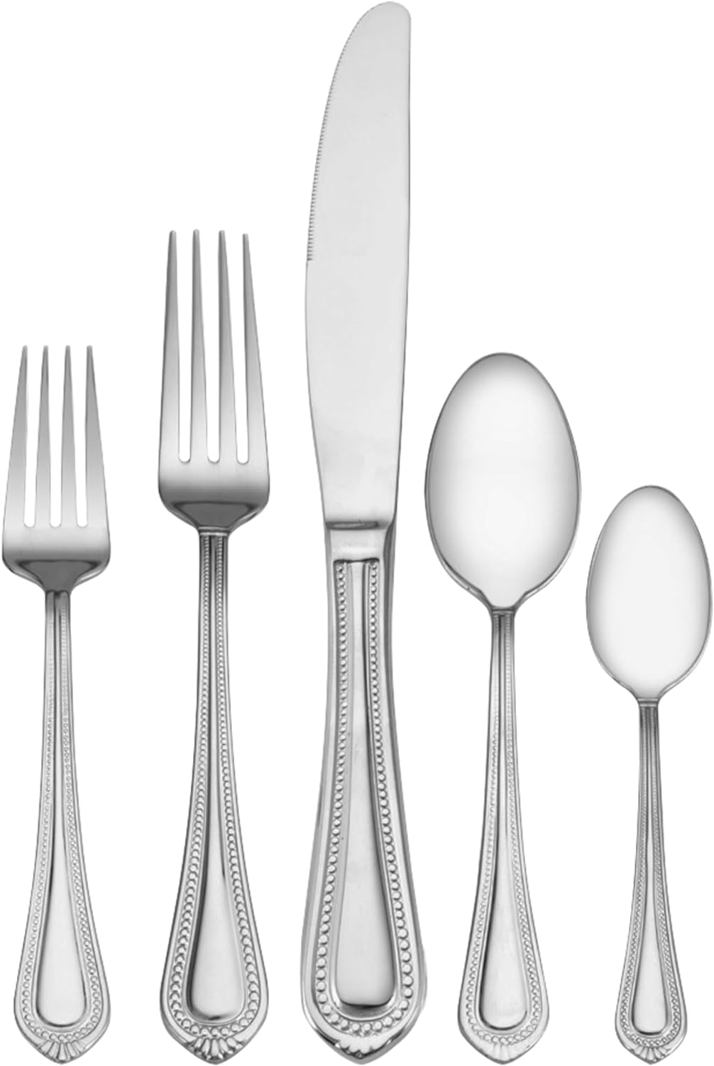 Regent Bead 65 - Piece Flatware Set for 12, 18/10 Stainless Steel Silverware with Full Service and Serving Utensils, Classic Beaded Edge Design - Open Season Industries