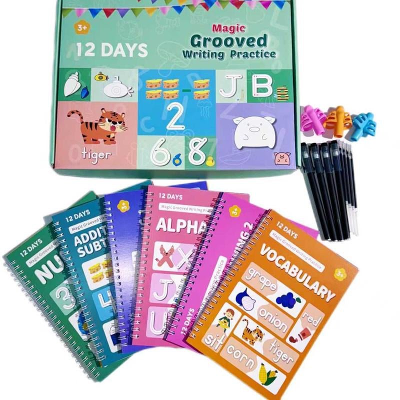 Reusable Grooved Handwriting Workbook for Kids, Learning Materials, 6 Books–Early Elementary, Covers Math, Words, Drawing –Gift for Children Lettering Spiral Notebook School Supplies - Open Season Industries