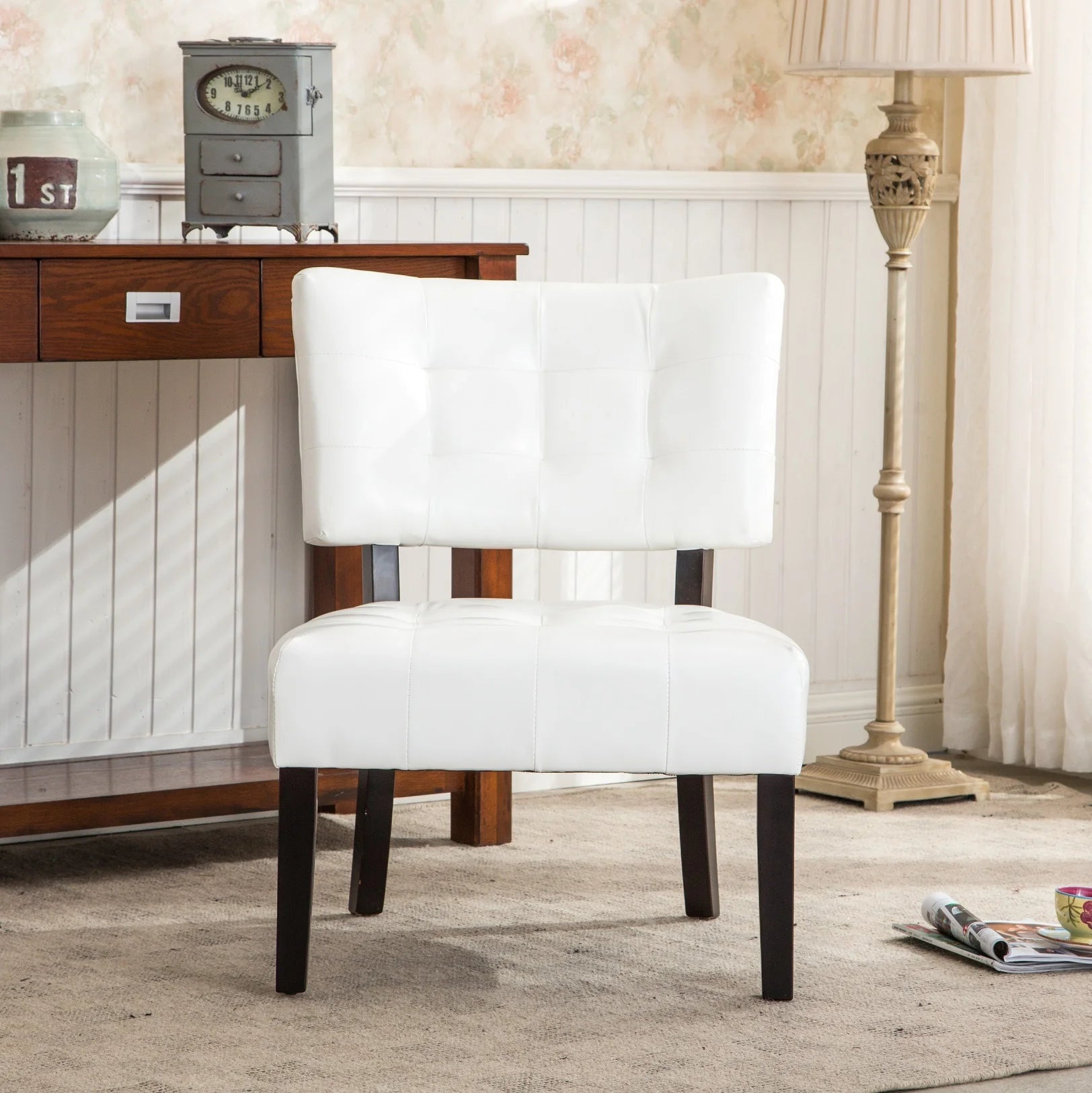 Movile Blended Leather Tufted Accent Chair with Oversized Seating, Ivory - Open Season Industries