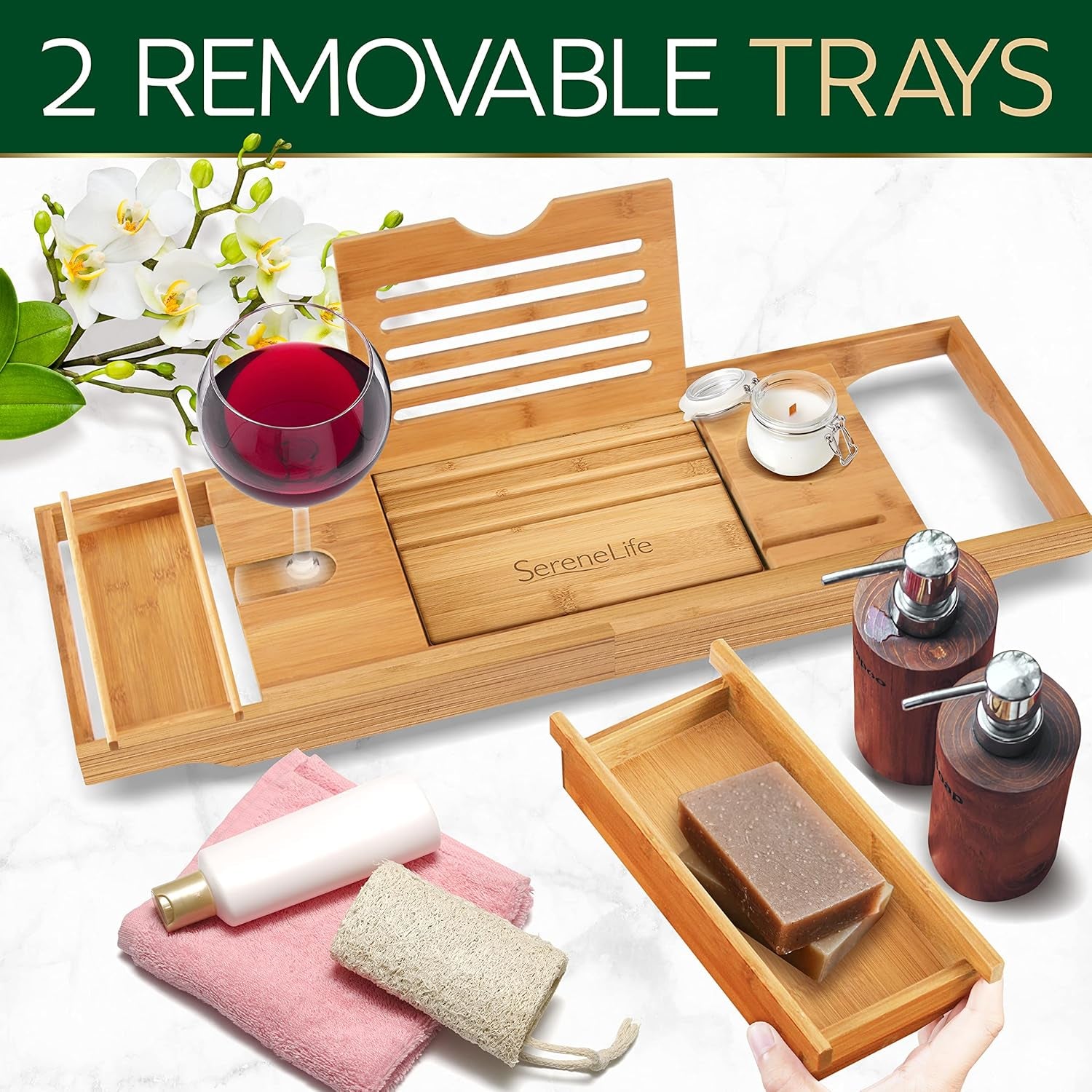 Bath Caddy Breakfast Tray Combo - Natural Bamboo Wood Waterproof Tub and Bed with Folding Slide - Out Arms, Device Grooves, Wine Glass Soap Holder - Open Season Industries