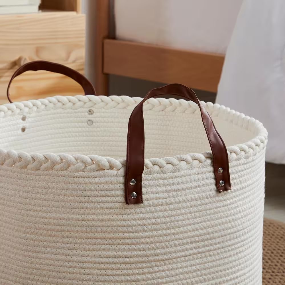 100% Cotton Fabric Rope round Storage Basket with Leather Handles 21 In. X 21 In. X 14 In. - Open Season Industries