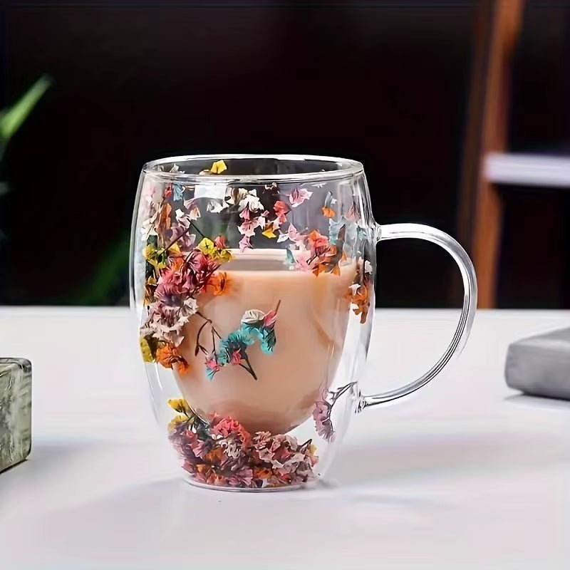 Double Wall Clear Glass Coffee Mugs Creative Clear Glass Cups with Handle Flowers Double Insulated Glass Cup for Hot Cold - Open Season Industries