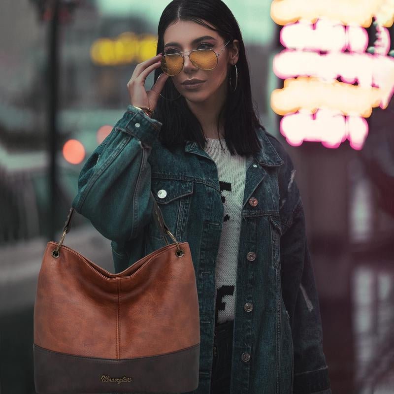 Wrangler Cow Print Hobo Bag Vegan Leather for Woman with Wide Guitar Strap - Open Season Industries