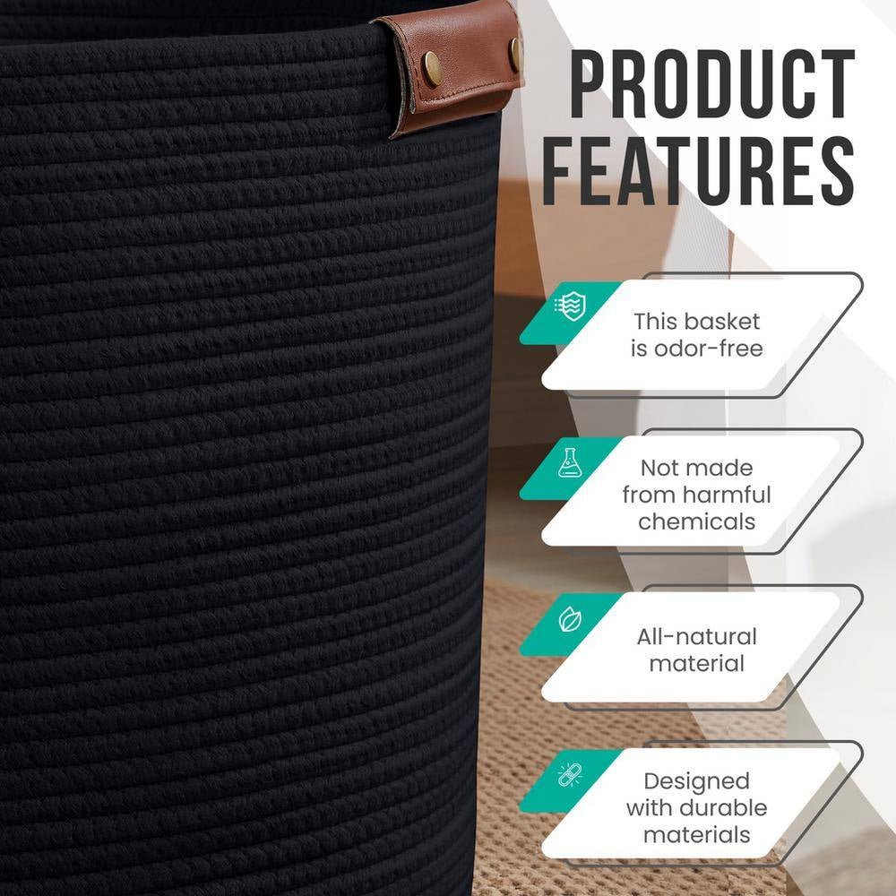 100% Cotton Fabric Rope Storage Basket Basket with Leather Handles 16 In. X 18 In. - Open Season Industries