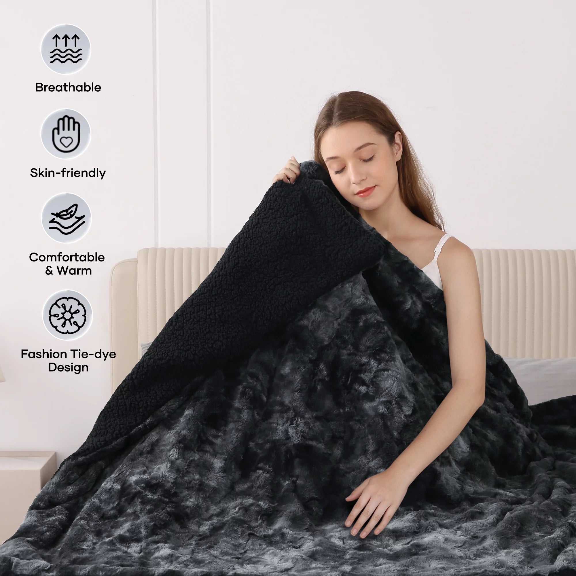 Electric Throw Blanket 50" X 60", Soft Faux Fur Heated Blanket with Large LED Display, 6 Heating Levels, 4 Hours Timer, Tie - Dye Black - Open Season Industries