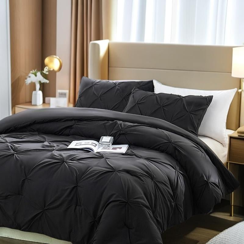 DOWNCOOL Elegant Pinch Pleat Comforter Set 3 - Piece Light Weight Microfiber for Twin Size Bed Soft Fluffy Comforters with Pillowcases for All Seasons - Open Season Industries