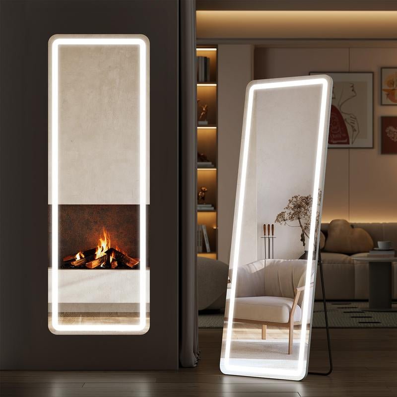 Floor Mirror Stand Mirror Full Length with LED Lights, Floor Mirror Dimming & 3 Color Lighting - Open Season Industries