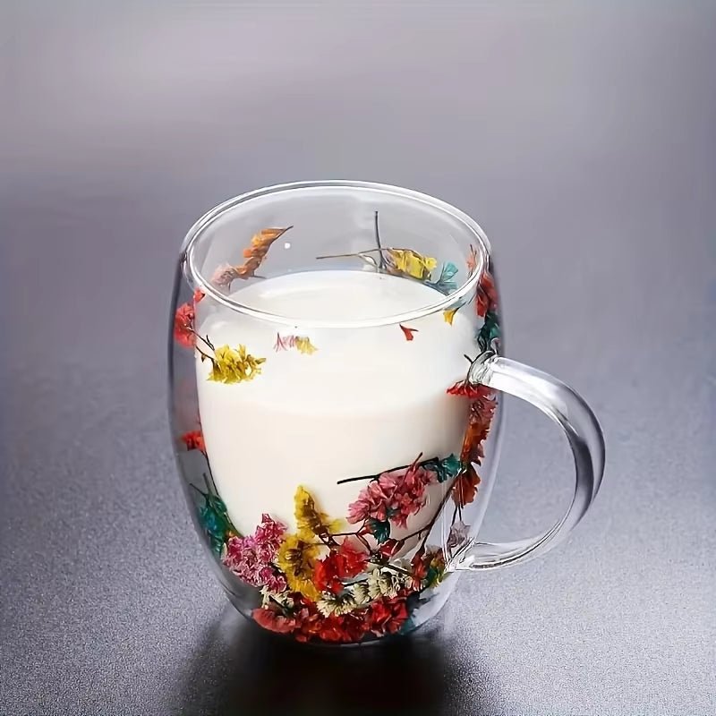 Double Wall Clear Glass Coffee Mugs Creative Clear Glass Cups with Handle Flowers Double Insulated Glass Cup for Hot Cold - Open Season Industries