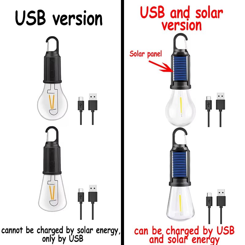 LED Solar Camping Lights USB Rechargeable Bulbs Lamp Dimmable with Hooks Vintage Light for Hiking Tent Lantern Outdoor Lighting - Open Season Industries
