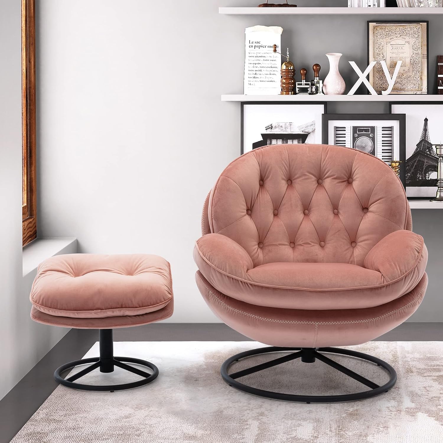Velvet Cozy Chaise Lounge Indoor, Oversized Swivel Reading Chair with Footrest, Accent Chair with Ottoman Set for Living Room, Bedroom, Reading Room, Home Office, Metal Base Frame (Rose Pink) - Open Season Industries