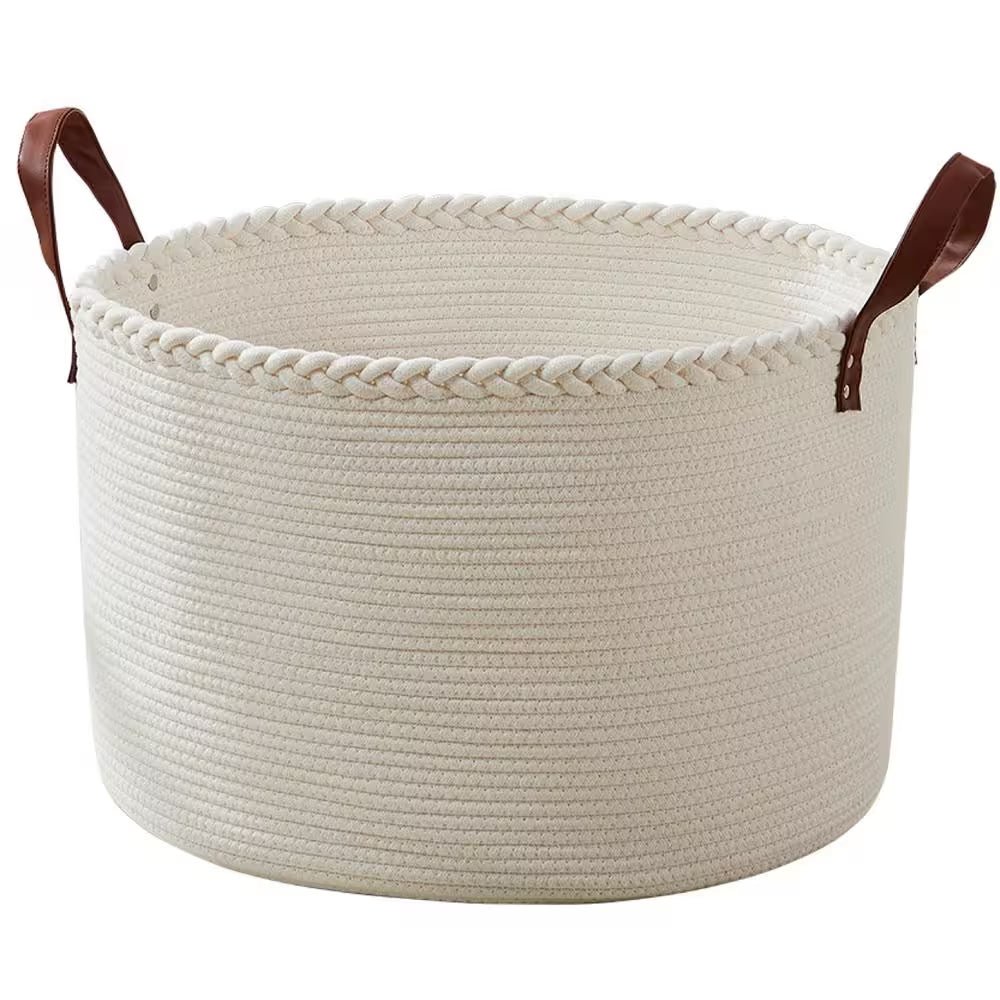 100% Cotton Fabric Rope round Storage Basket with Leather Handles 21 In. X 21 In. X 14 In. - Open Season Industries