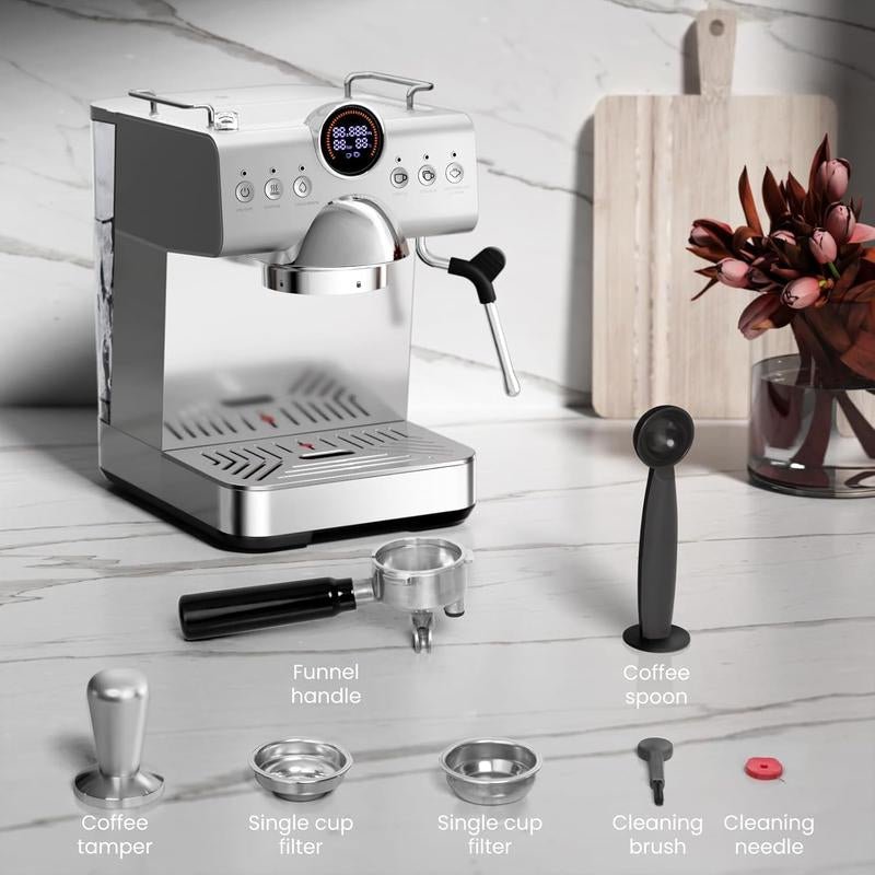 XBEAUTY Espresso Machine with Cold Brew, Professional Espresso Maker with Milk Frother Steam Wand for Latte & Cappuccino, Espresso Coffee Machine with LED Display for Home Use(Stainless Steel) - Open Season Industries