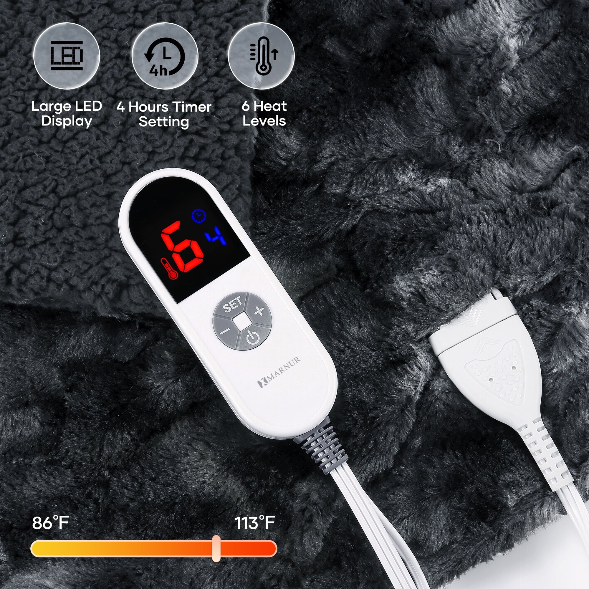 Electric Throw Blanket 50" X 60", Soft Faux Fur Heated Blanket with Large LED Display, 6 Heating Levels, 4 Hours Timer, Tie - Dye Black - Open Season Industries