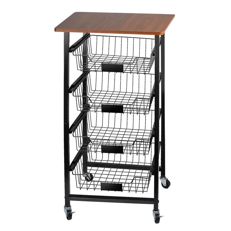 4 - Tier Rolling Kitchen Utility Cart with Wood Top & Mesh Baskets - Mobile Storage for Fruits, Vegetables, Pantry, Laundry & More - Open Season Industries