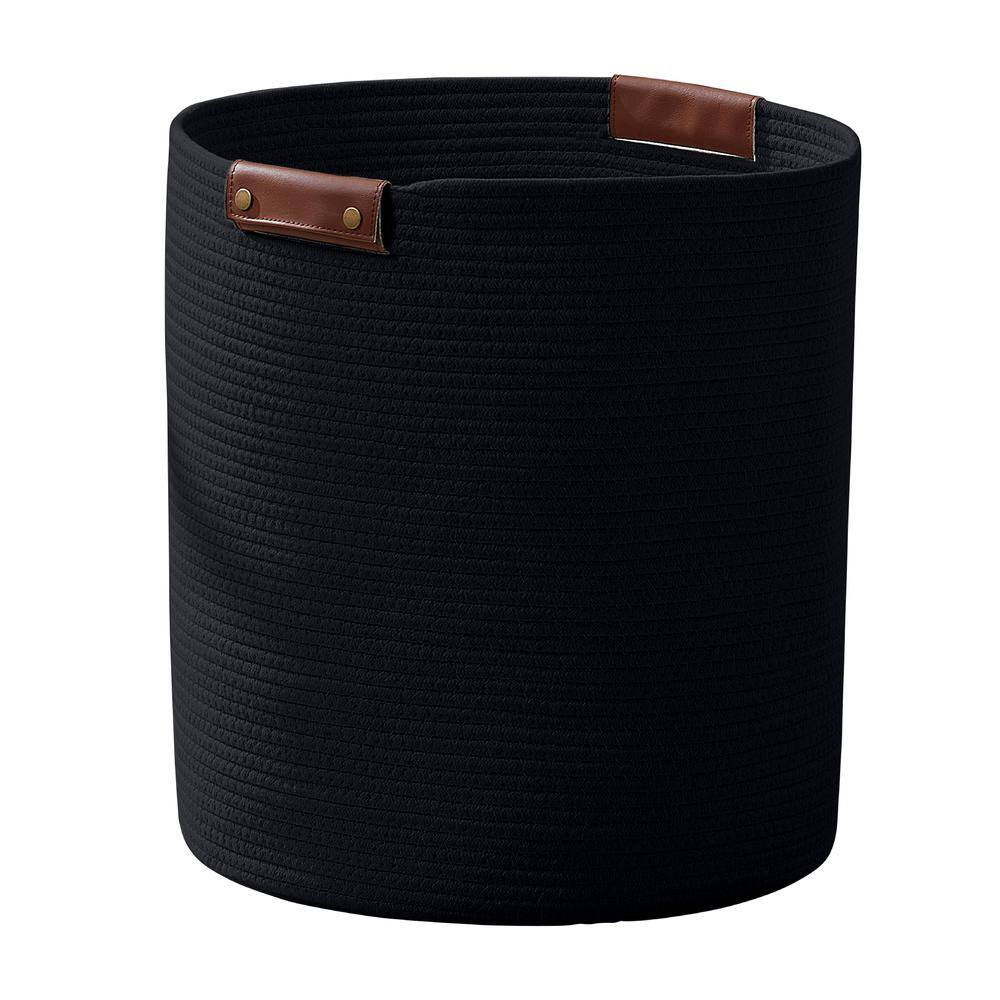 100% Cotton Fabric Rope Storage Basket Basket with Leather Handles 16 In. X 18 In. - Open Season Industries