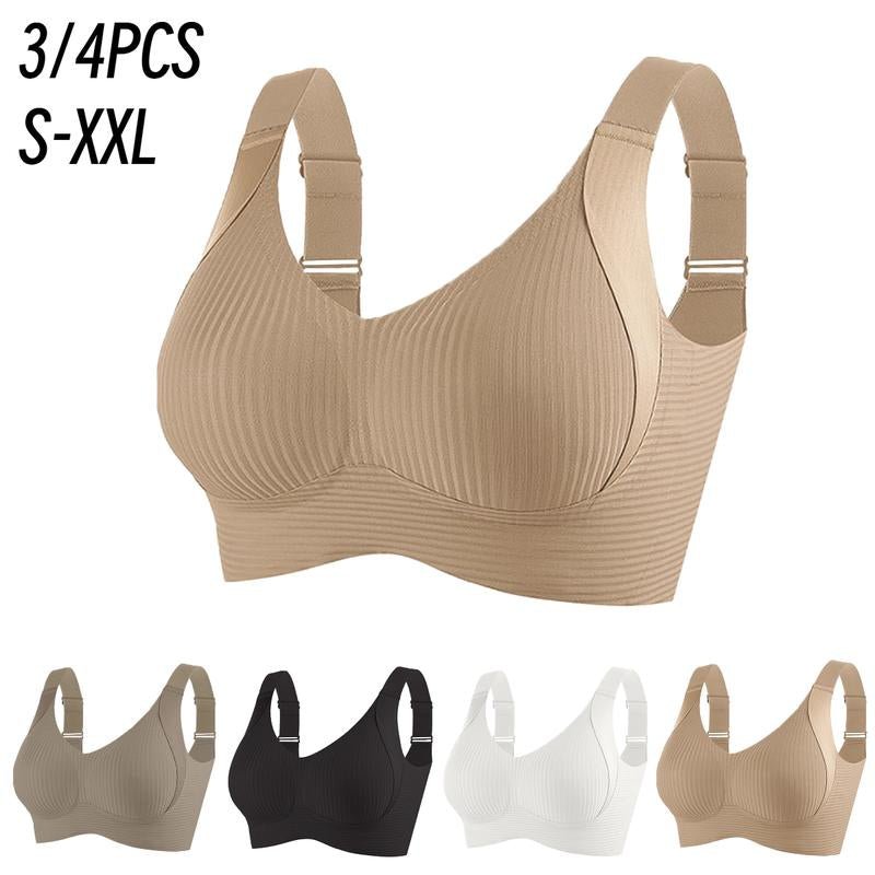 3/4PCS Women'S Ribbed Push up Wireless Bra, Soft Comfortable Breathable Solid Four - Breasted Adjustable Seamless Bra, Women'S Lingerie for All Seasons - Open Season Industries