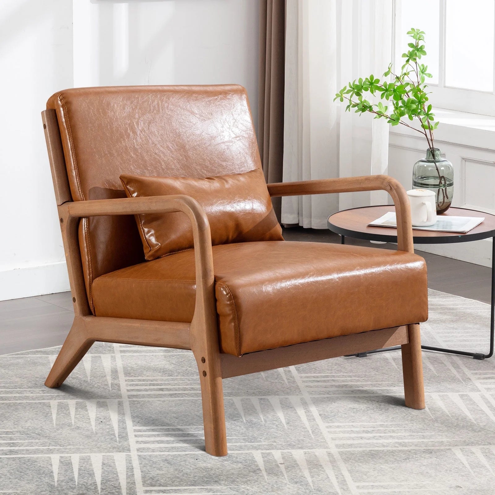 Accent Chair Mid Century Modern Arm Chair, PU Leather Reading Armchair for Bedroom Living Room Office, Camel - Open Season Industries