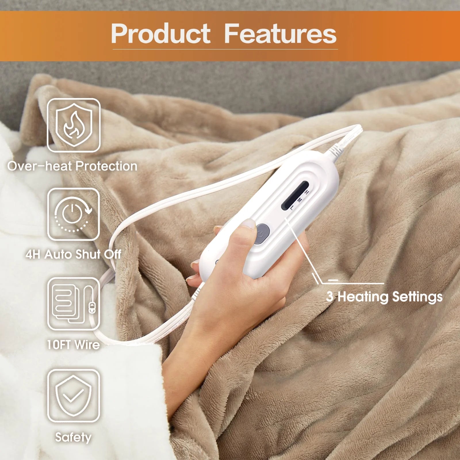 Heated Blanket Throw,50"X60"Double Flannel Heating Blanket for Home Office, Electric Blanket 4 Hours Auto - Off & Over - Heat Protection,Camel - Open Season Industries