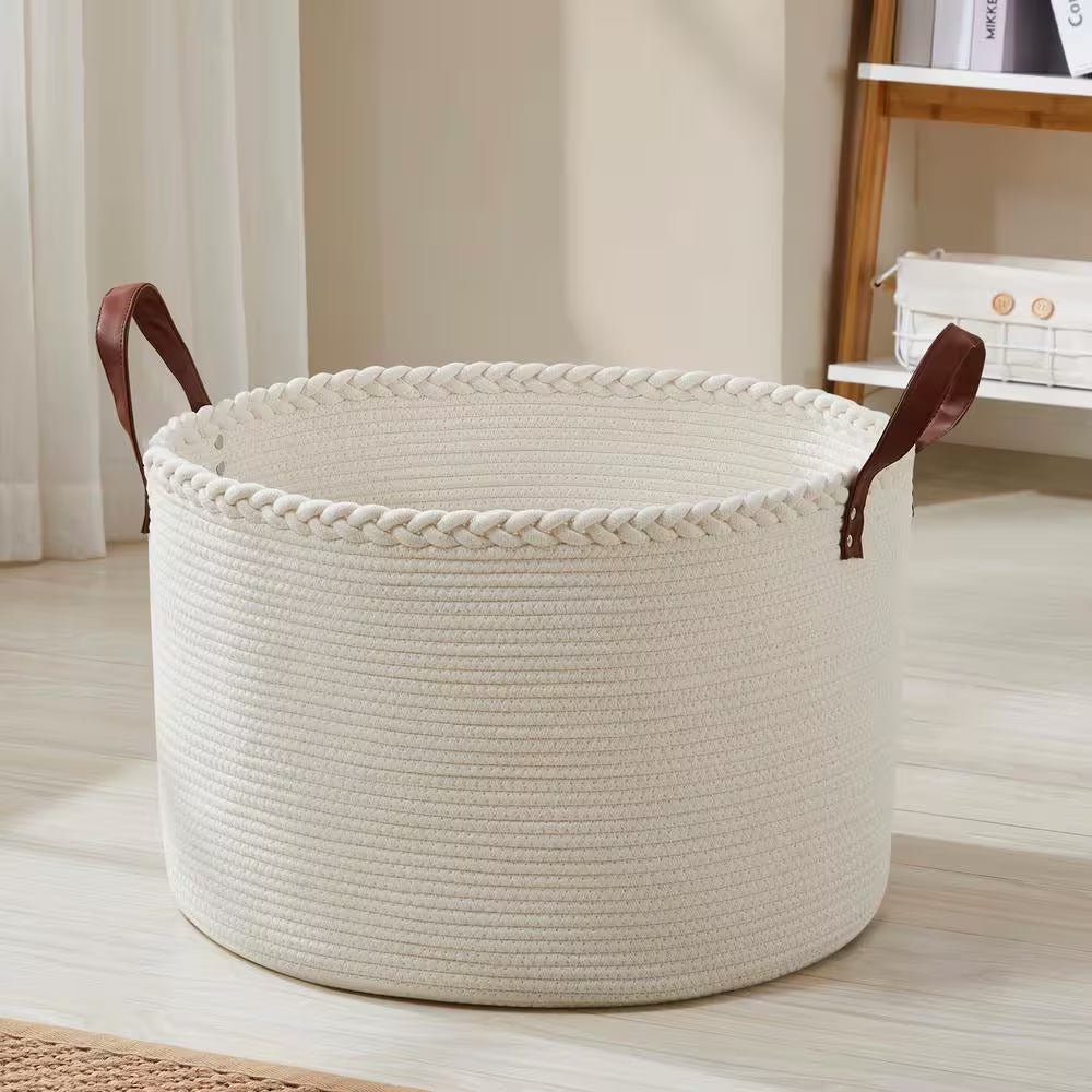 100% Cotton Fabric Rope round Storage Basket with Leather Handles 21 In. X 21 In. X 14 In. - Open Season Industries