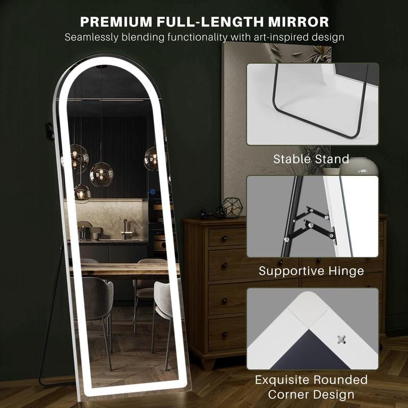 Mirror Full Length Standing with LED Lights, Floor Mirror with Stand, W/Dimming & 3 Color Lighting, Wall Mirror Aluminum Alloy Decor - Open Season Industries