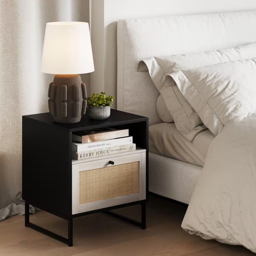 Mina Black Oak/Black Accent Table with Rattan Storage Door Living Room End Table or Bedroom Nightstand - Open Season Industries