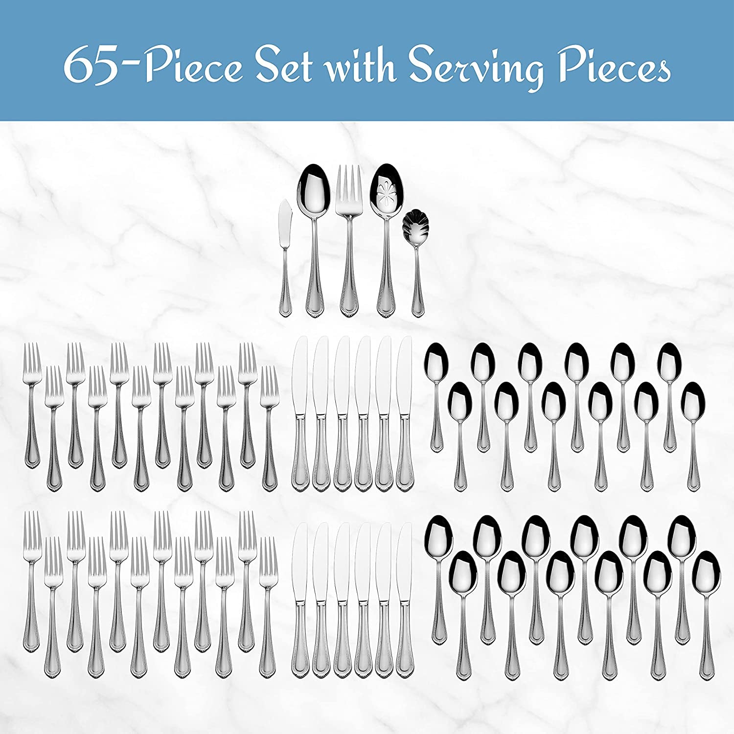Regent Bead 65 - Piece Flatware Set for 12, 18/10 Stainless Steel Silverware with Full Service and Serving Utensils, Classic Beaded Edge Design - Open Season Industries