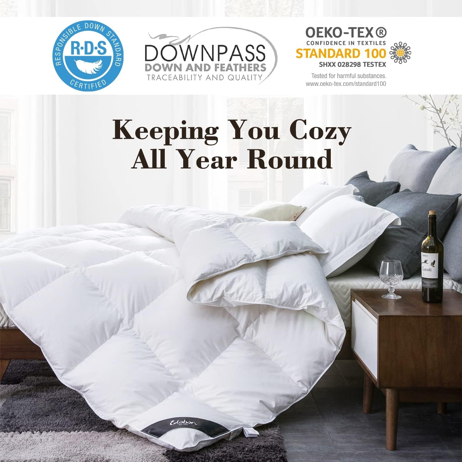 King Size down Comforter - All Season Duvet Insert with Medium Warmth, Soft and Noiseless Shell,8 Corner Tabs, and Machine Washable - White - Open Season Industries