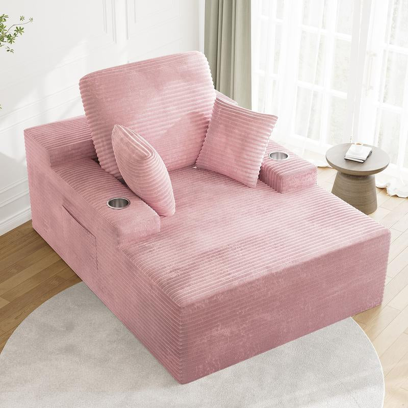 LIKIMIO 49" Oversized Chaise Lounge Sofa Bed with 2 Cup Holders & Storage Pocket - Plush Corduroy Upholstered, No Assembly Cloud Couch for Living Room, Bedroom, or Reading Nook - Open Season Industries