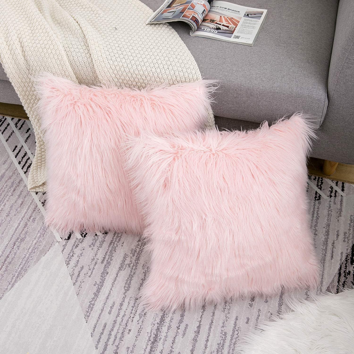 Set of 2 Pink Fluffy Pillow Covers New Luxury Series Merino Style Blush Faux Fur Decorative Throw Pillow Covers Square Fuzzy Cushion Case 18X18 Inch - Open Season Industries