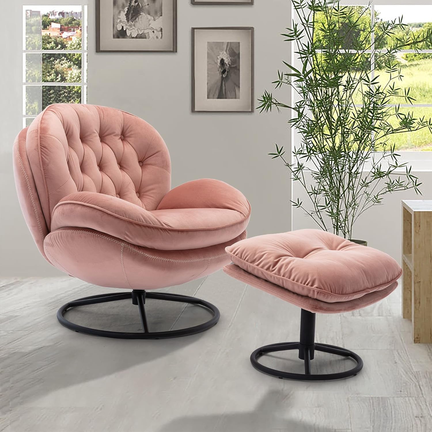 Velvet Cozy Chaise Lounge Indoor, Oversized Swivel Reading Chair with Footrest, Accent Chair with Ottoman Set for Living Room, Bedroom, Reading Room, Home Office, Metal Base Frame (Rose Pink) - Open Season Industries
