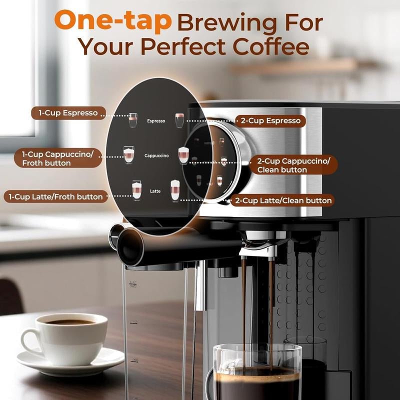 Kismile 20 Bar Compact Espresso Machine with Steam Milk Frother Stainless Steel Coffee Maker for Home Cappuccino Latte 57Oz Water Tank Black - Open Season Industries
