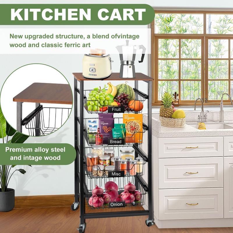 4 - Tier Rolling Kitchen Utility Cart with Wood Top & Mesh Baskets - Mobile Storage for Fruits, Vegetables, Pantry, Laundry & More - Open Season Industries