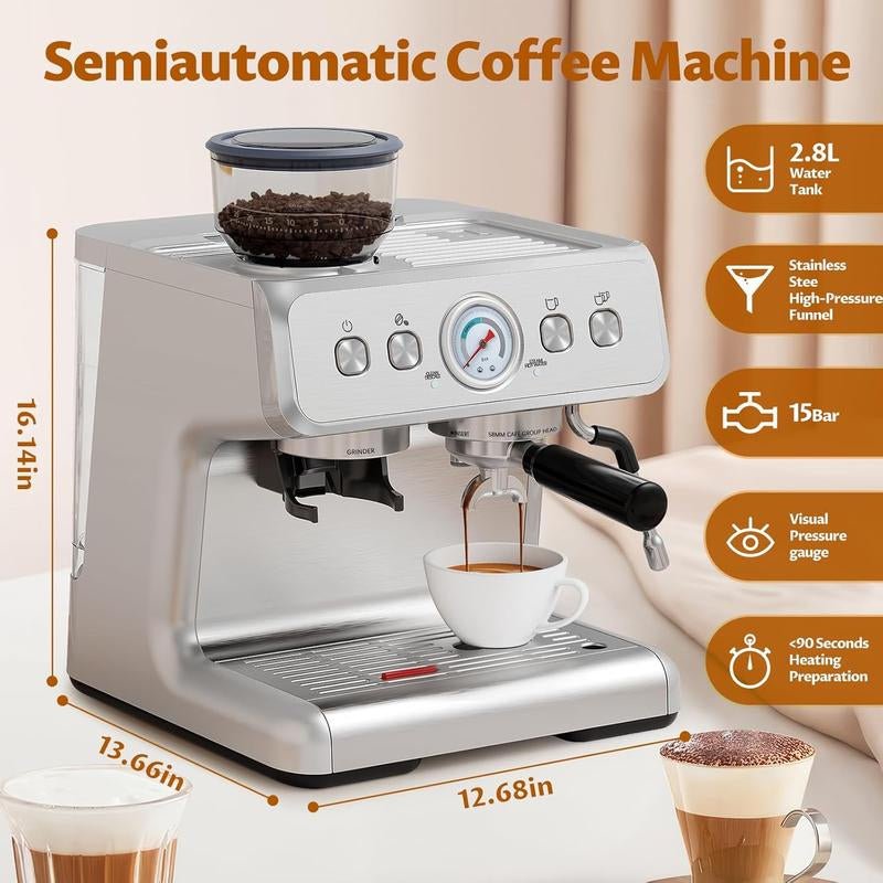 Xbeauty Espresso Machine 15 Bar, Coffee Maker for Cappuccino and Latte Maker with Milk Frother Steam Wand, Fast Heating Coffee Machine for Home, Office - Open Season Industries