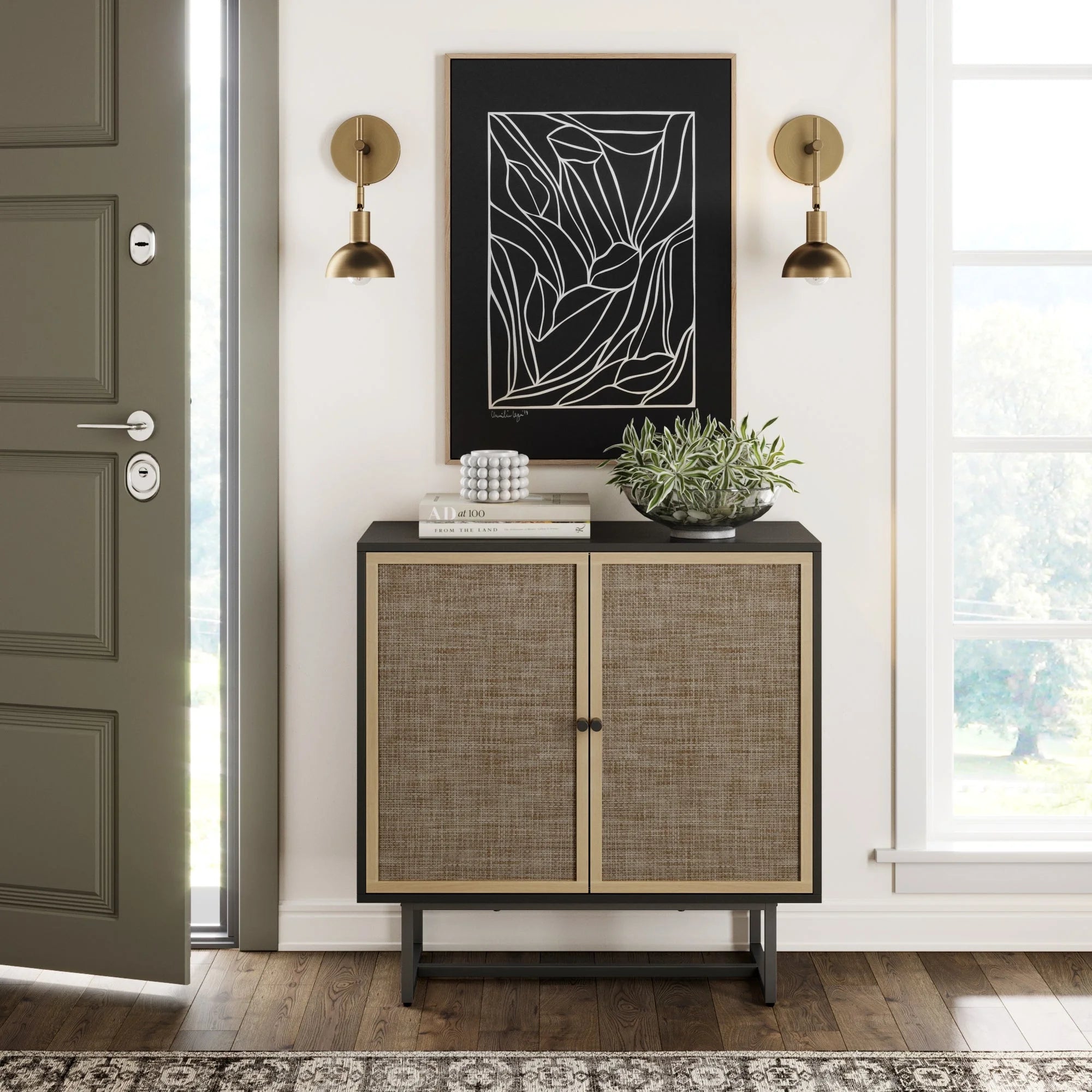 Kova Cane Rattan Doors Accent Cabinet with Black Metal Base and Adjustable Shelf - Open Season Industries