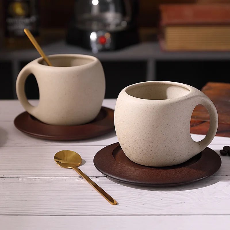Ceramic Coffee Cup and Saucer Set Retro Latte American Coffee Cup Wooden Coasters Tea Cups Spoon Flower Cups. - Open Season Industries