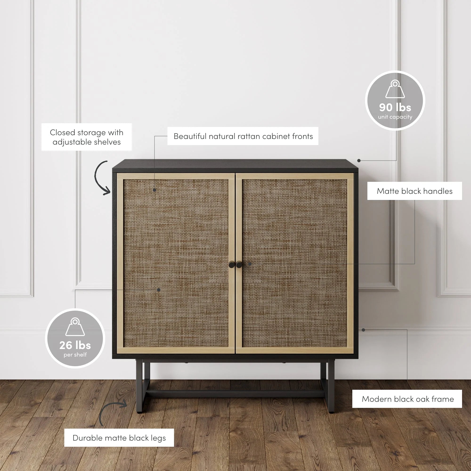 Kova Cane Rattan Doors Accent Cabinet with Black Metal Base and Adjustable Shelf - Open Season Industries