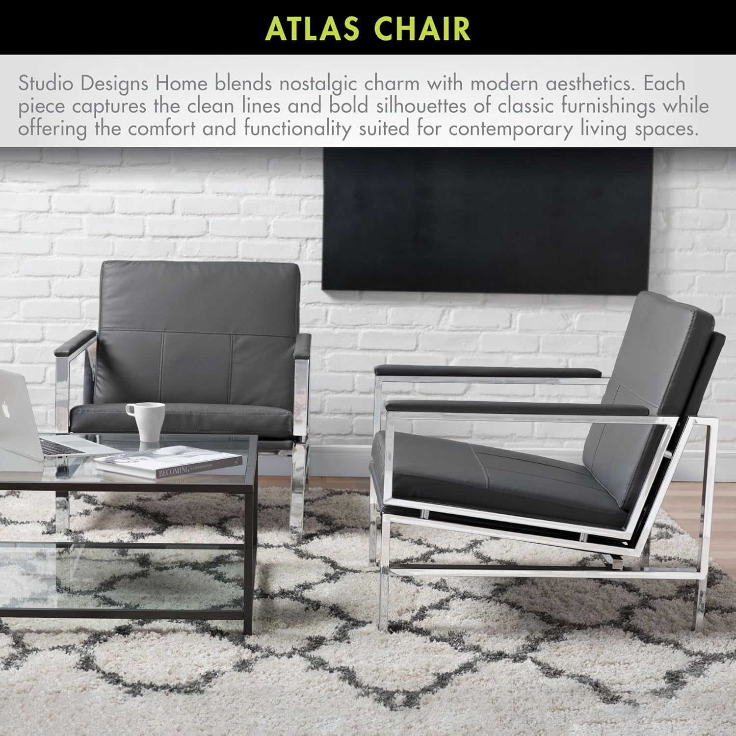 Atlas Modern Accent Chair in Blended Leather, Chrome / Gray - Open Season Industries