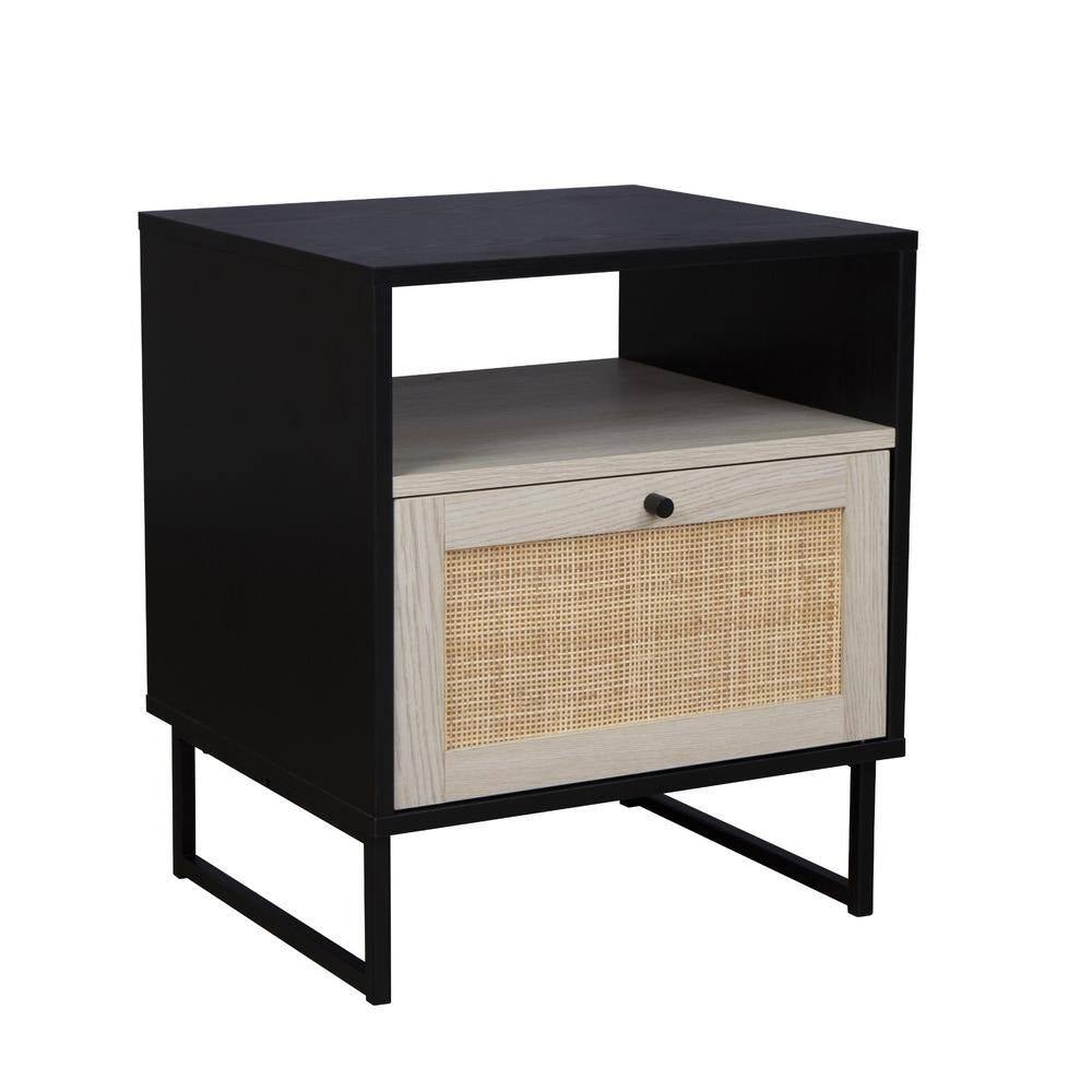 Mina Black Oak/Black Accent Table with Rattan Storage Door Living Room End Table or Bedroom Nightstand - Open Season Industries